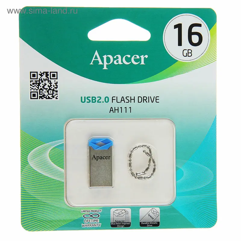 Флешка Apacer AH111, 16 Гб, USB2.0, чт до 25 Мб/с, зап до 15 Мб/с, голубая