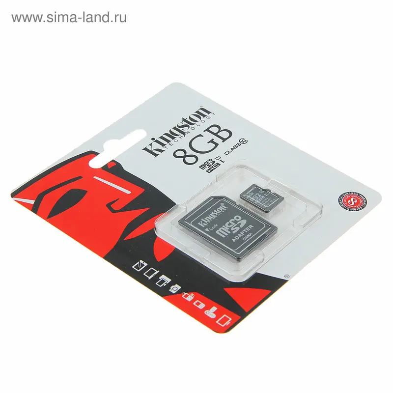 Карта памяти Kingston microSD, 8 Гб, SDHC, класс 10, с адаптером SD