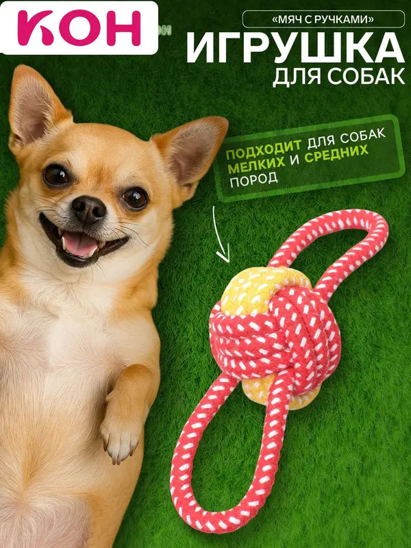 Игрушка канатная «Мяч с ручками», до 35 г, мяч 6 см, цвет МИКС