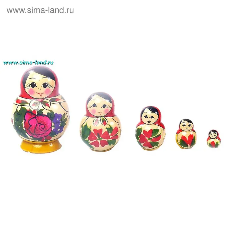 Матрешка 5 кукол в красном платке "Традиционная"