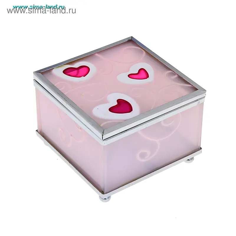 шкатулка стекло сердца на розовом 8*8*5,5 см
