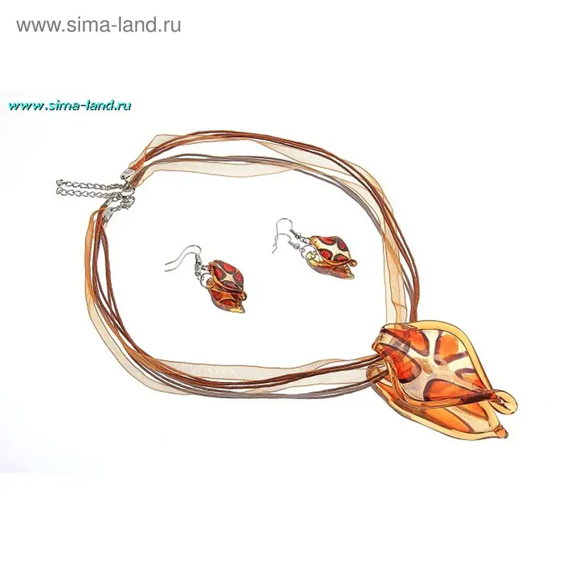 Гарнитур Муранское стекло, кулон на шнурке и серьги, «Коричневый лист с рисунком»