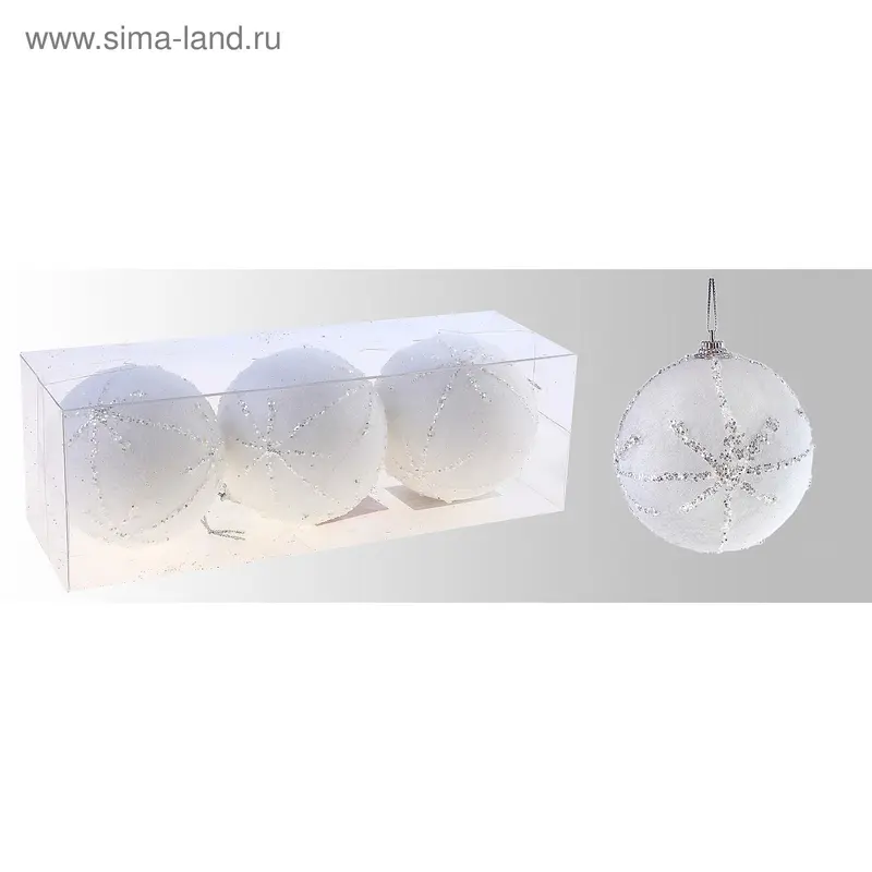 Набор шаров пластик d-8 см, 3 шт "Изящная снежинка" белый