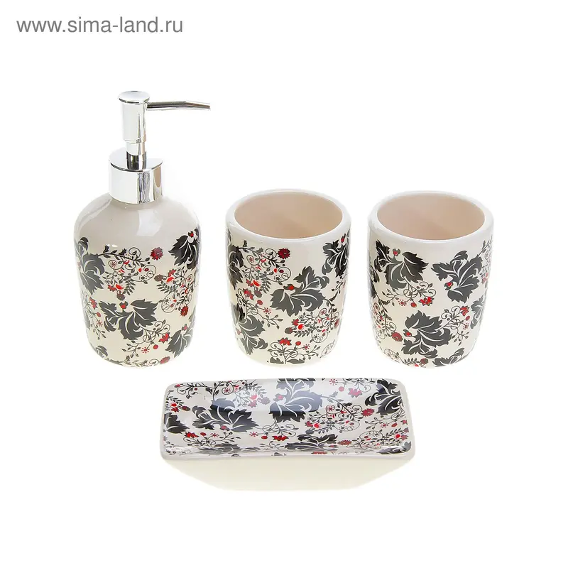 Набор для ванной, 4 предмета (мыльница, дозатор для мыла, 2 стакана)