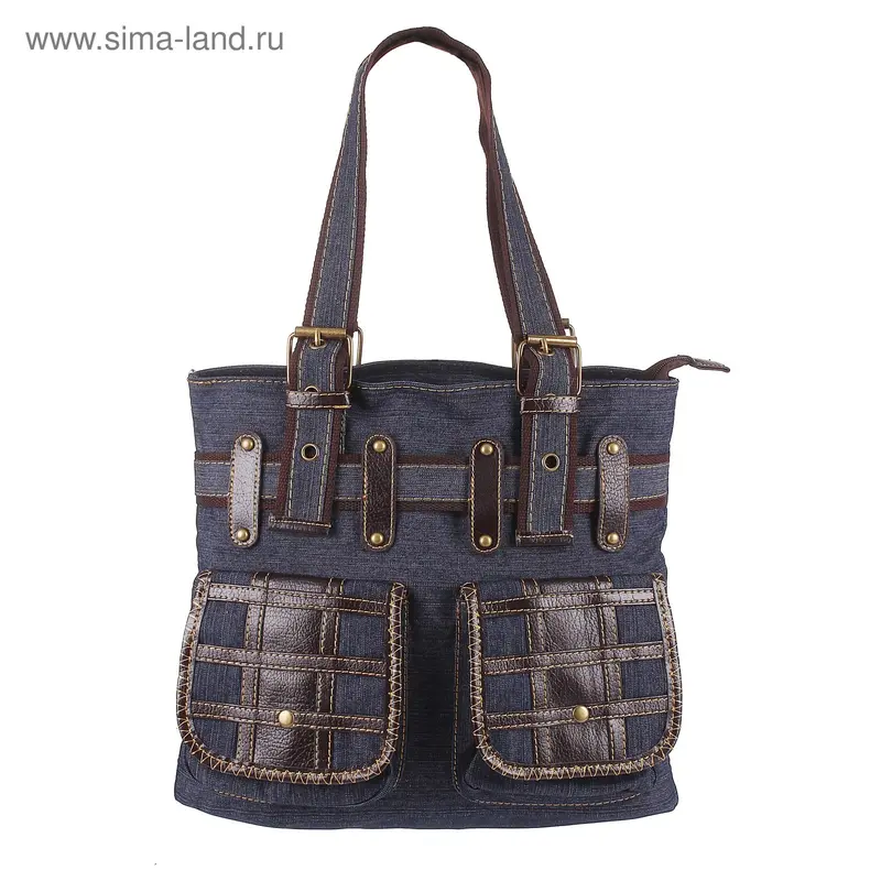сумка женская Техас 32*36*15 см, 1 отд, 3 нар кармана черн/джинс