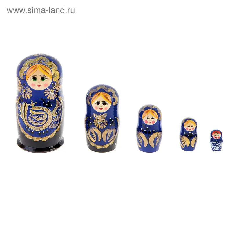 Матрешка художественная, 5 кукол, синяя, с цветами