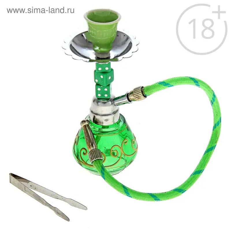 Кальян мини, колба ваза с узором, шток 3 кубика, зелёный