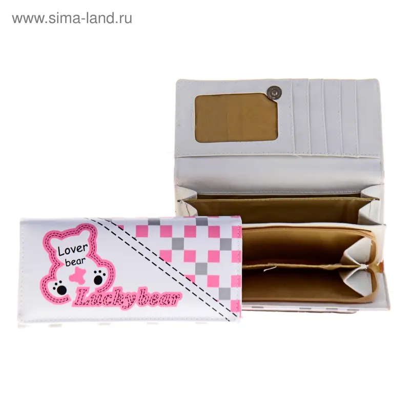 Кошелек молодёжный "Мишка" 2 отдела, отдел для визиток, белый лак