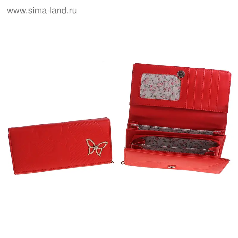 кошелёк жен 04-01-02 Бабочка 19*10*1,5см 2отд+отд на молнии+д/кредиток красный