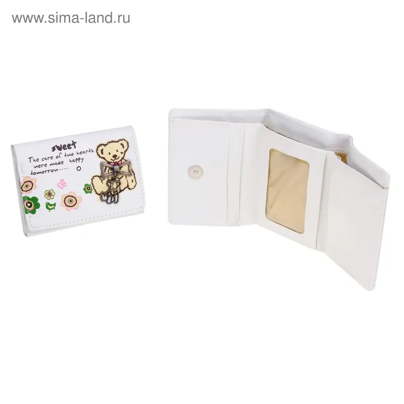 кошелёк молодёжный Мишка цветы 9*12см 2отдела + для визиток белый