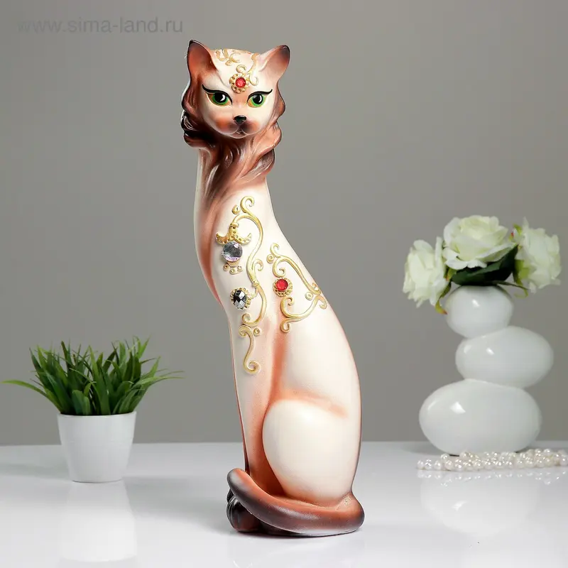 Фигура "Кошка Маркиза" со стразами бежевая 14х14х48см