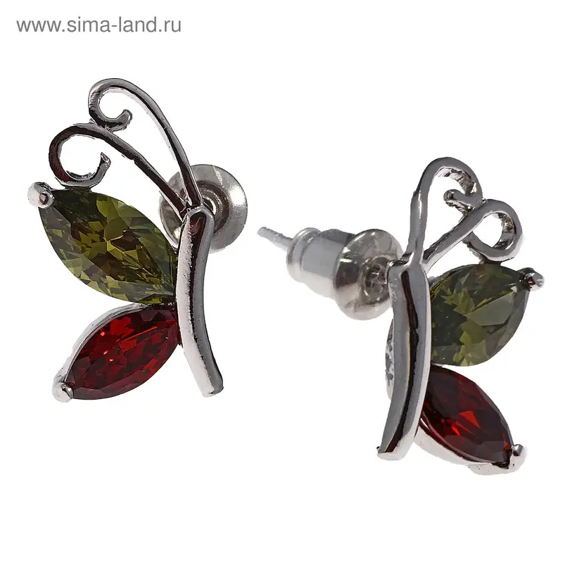 Серьги со стразами «Циркон» бабочка малая, цвет зелено-красный