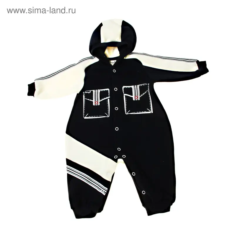 Детский комбинезон, с капюшоном, размер 48, рост 74-80, цвет синий/экрю