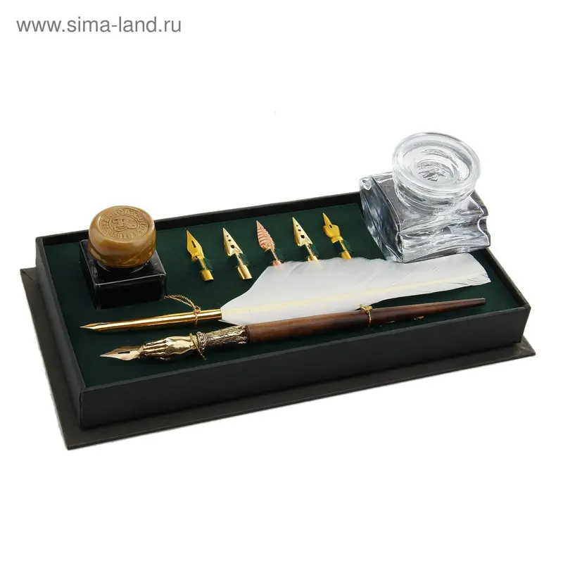 Письменный набор (перо,дерев. грифель, чернильница, чернила), 9 × 25 × 12,5 см