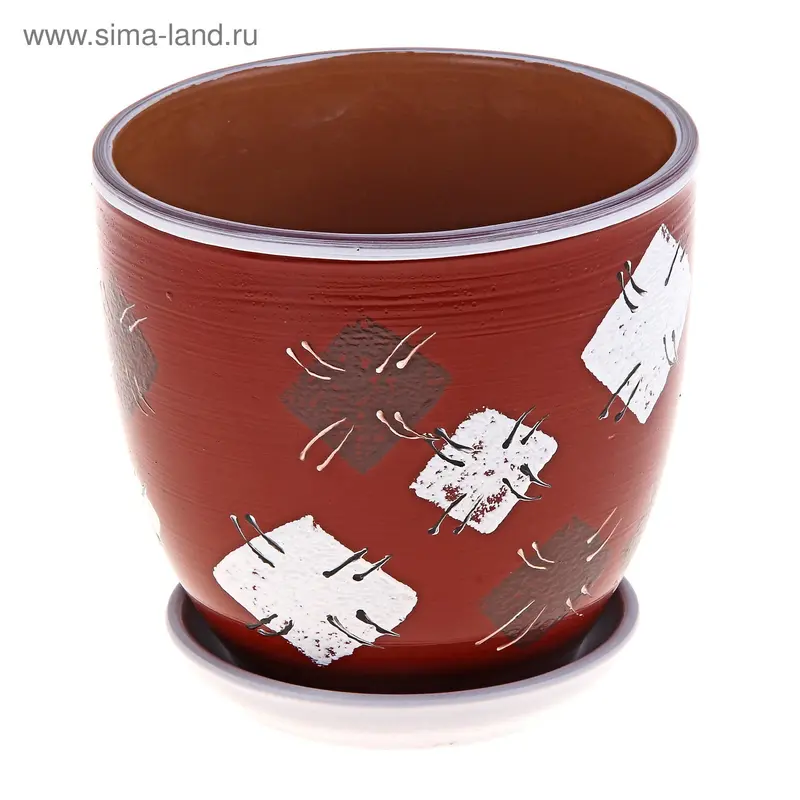 Горшок цветочный с поддоном 2,5 л, бордовый с рисунком керамика, "Лоскуток" (М)