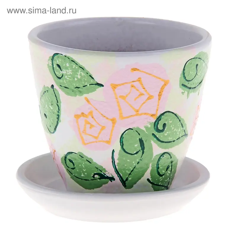 Горшок цветочный с поддоном 0,4 л, белый с рисунком керамика, "Роза" (М)