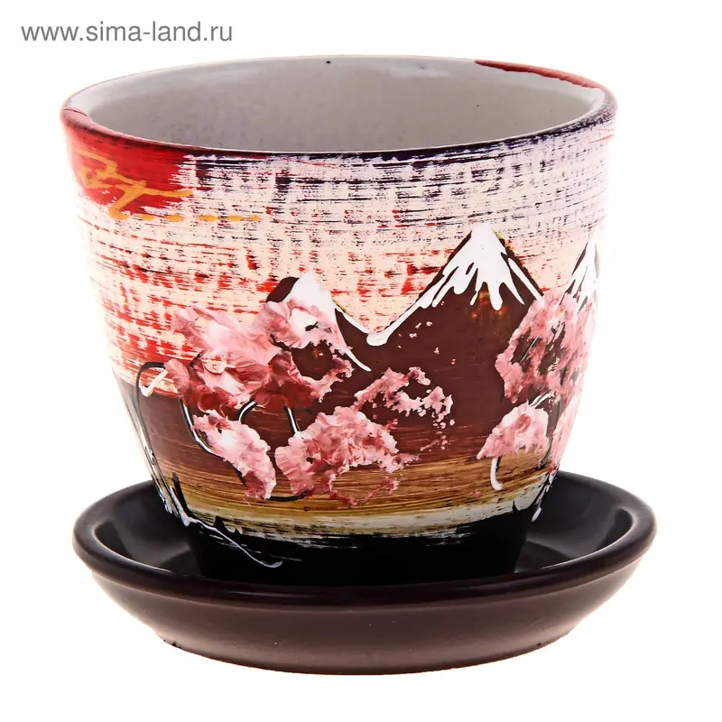 Горшок цветочный с поддоном 0,4 л, коричневый с рисунком керамика, "Горы" (М)