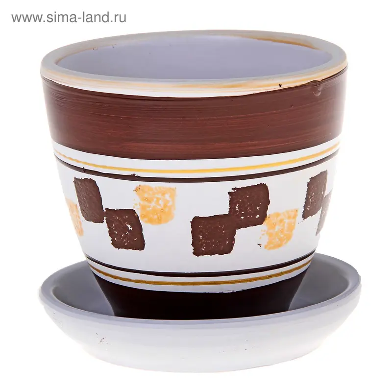 Горшок цветочный с поддоном 0,4 л, коричневый с рисунком керамика, "Мокко" (М)