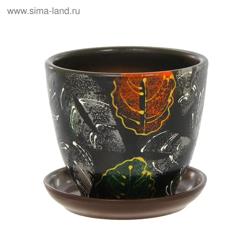 Горшок цветочный с поддоном 1 л, черный с рисунком керамика, "Сумерки" (М)