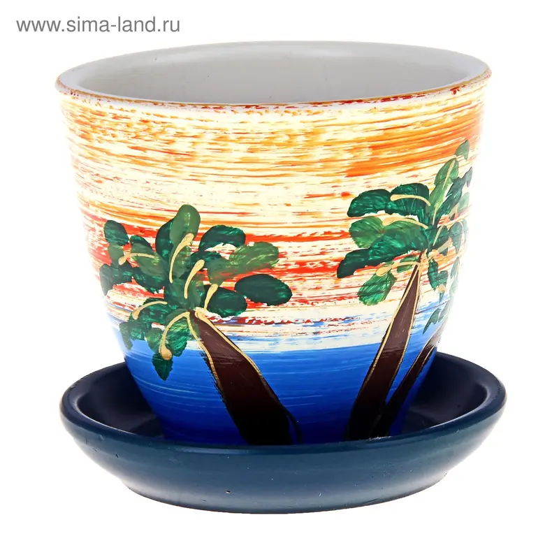 Горшок цветочный с поддоном 0,4 л, белый с рисунком керамика, "Пальма" (М)