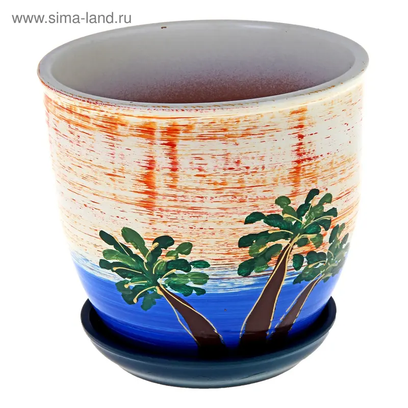 Горшок цветочный с поддоном 2,5 л, белый с рисунком керамика, "Пальма" (М)