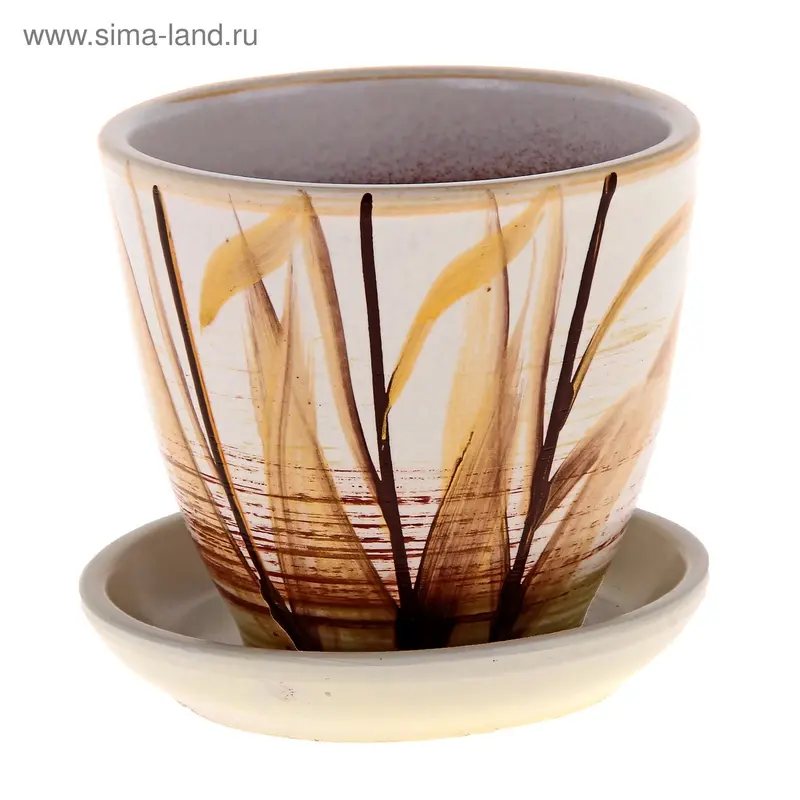Горшок цветочный с поддоном 0,4 л, белый с рисунком керамика, "Камыш" (М)
