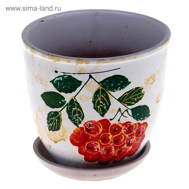 Горшок цветочный с поддоном 5 л, белый с рисунком керамика, "Калинка" (М)