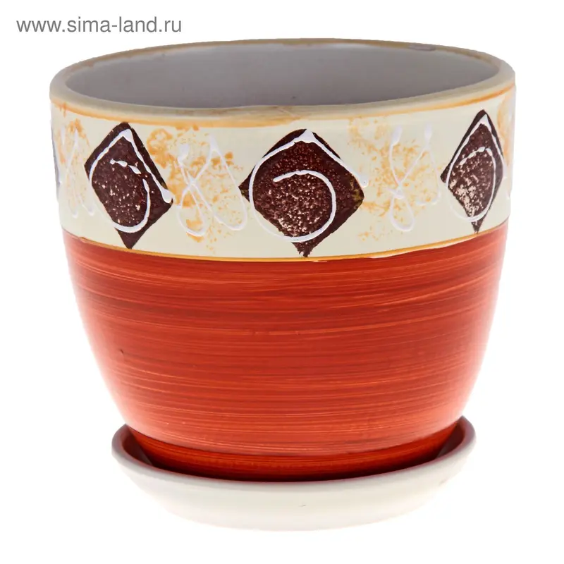 Горшок цветочный с поддоном 2,5 л, белый с рисунком керамика, "Подарок" (М)