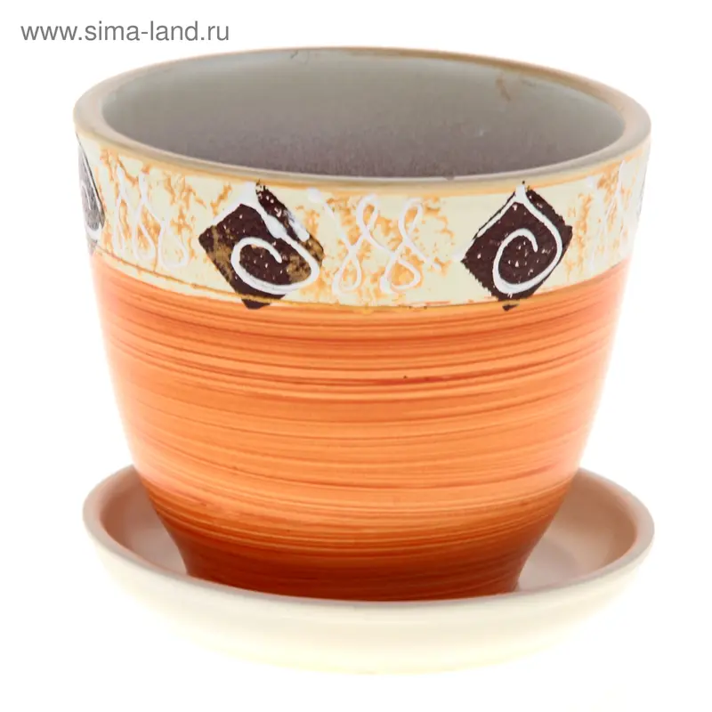 Горшок цветочный с поддоном 1 л, белый с рисунком керамика, "Подарок" (М)