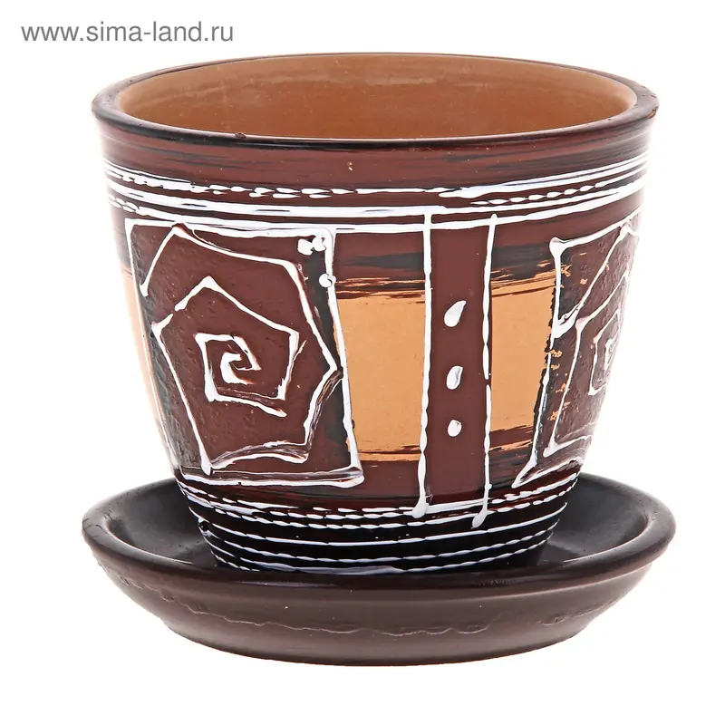Горшок цветочный с поддоном 0,4 л, терракот с рисунком керамика, "Карина" (М)