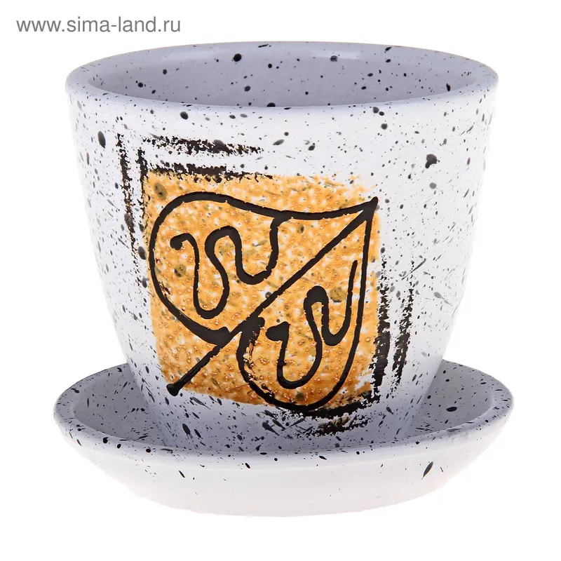 Горшок цветочный с поддоном 0,4 л, белый с рисунком керамика, "Лист" (М)