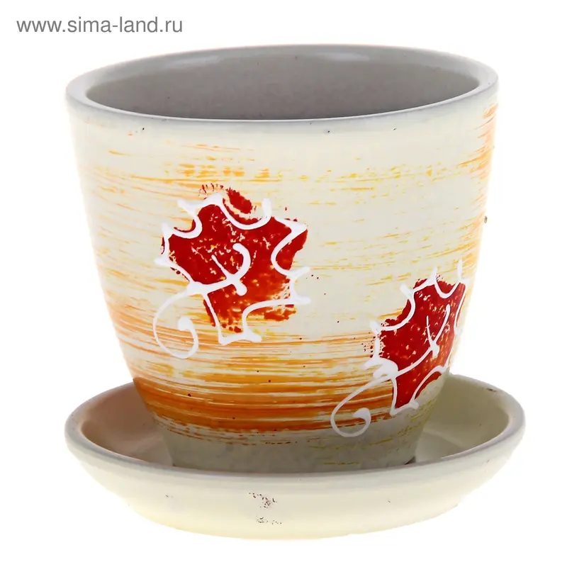 Горшок цветочный с поддоном 0,4 л, белый с рисунком керамика, "Вальс" (М)