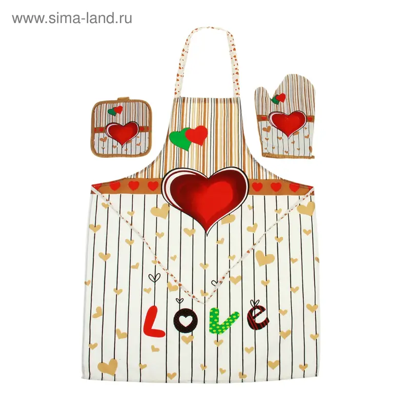 Кухонный набор Collorista "Сердце кофе", 3 предмета: прихватка 17*17 см, варежка 17*24 см, фартук 50*70 см, 100% хлопок