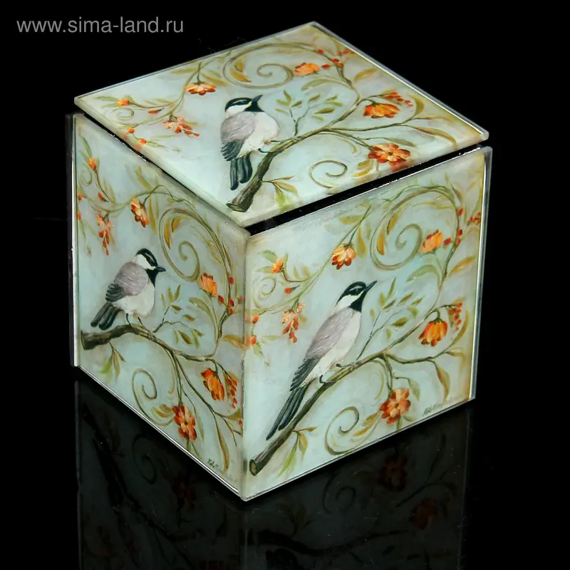 Шкатулка стекло "Синичка на ветке" 9,2х9,2х9,5 см