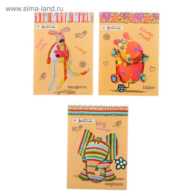 Блокнот А6, 60 листов на гребне Fabric Animals, МИКС
