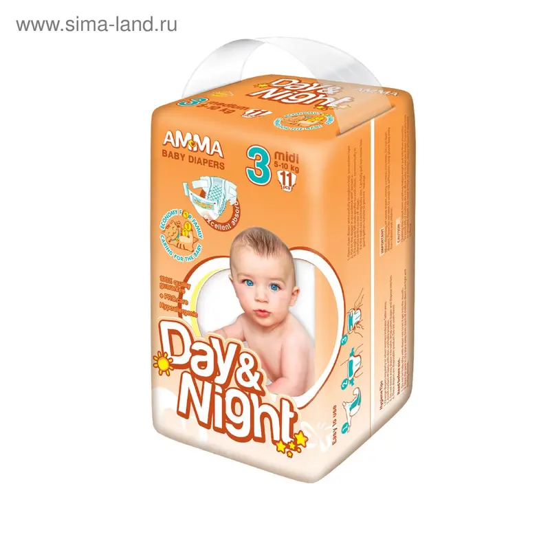 Подгузники «Amma» Day&Night, M (5-10 кг), 11 шт