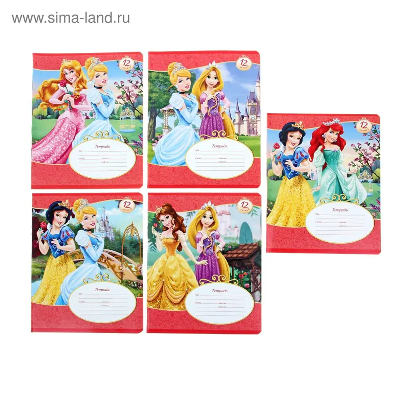 Тетрадь 12 листов клетка Disney "Принцессы", 5 видов МИКС