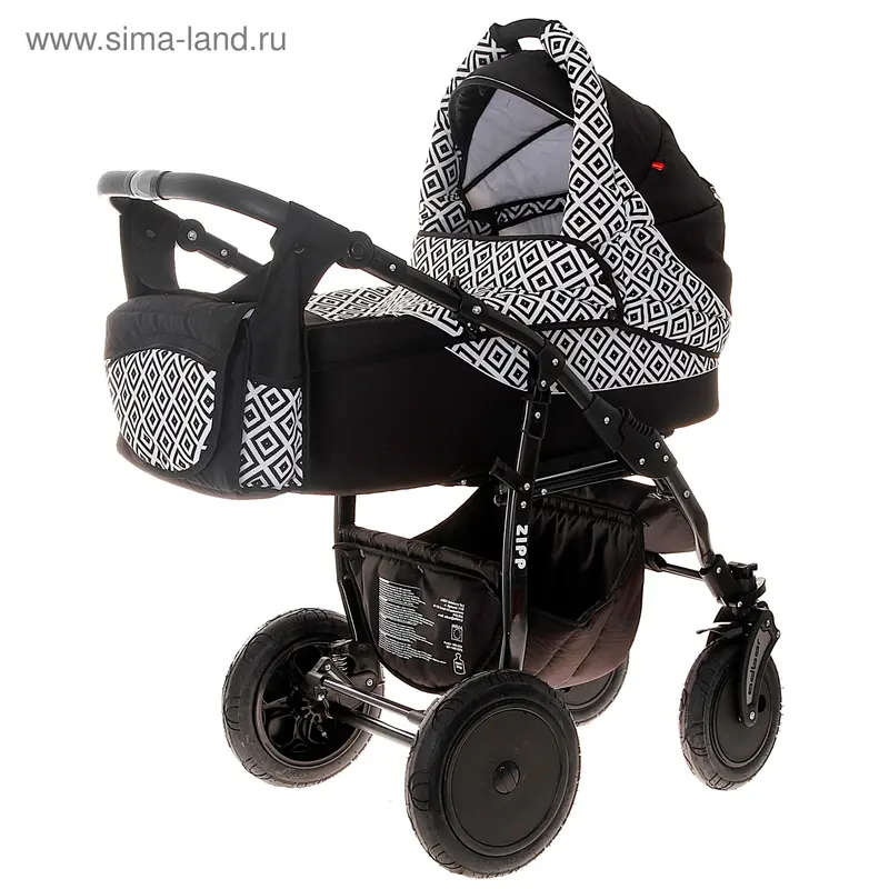Коляска 2 в 1 Zipp: люлька, прогулочный блок, цвет черно-белый