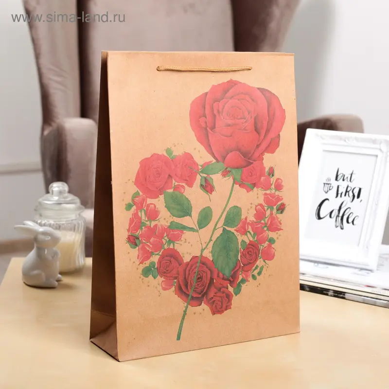 Пакет крафт "Роза в сердце", 27 х 9 х 37 см
