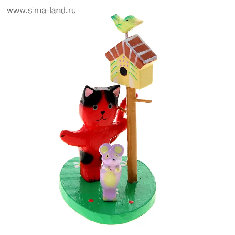Сувенир дерево "Кошка с мышкой на полянке" 8х8,5х15 см