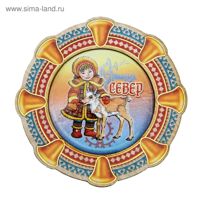 Магнит в форме бубна "Север. Девочка с оленем"