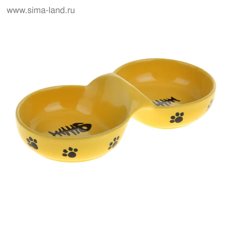 Миска для кошек двойная, керамическая, желтая