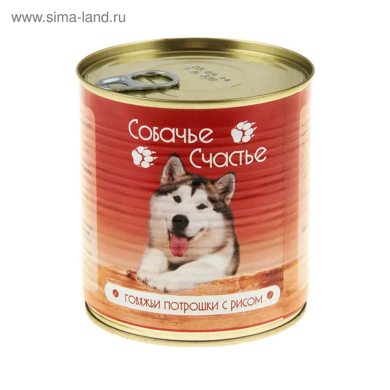 Корм "СОБАЧЬЕ СЧАСТЬЕ", говяжьи потрошки с рисом, ж/б, 750 гр