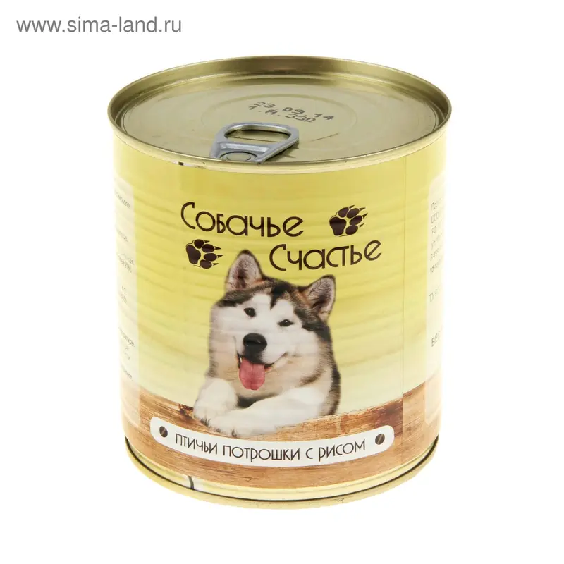 Корм "СОБАЧЬЕ СЧАСТЬЕ", Птичьи потрошки с рисом, ж/б, 750 гр