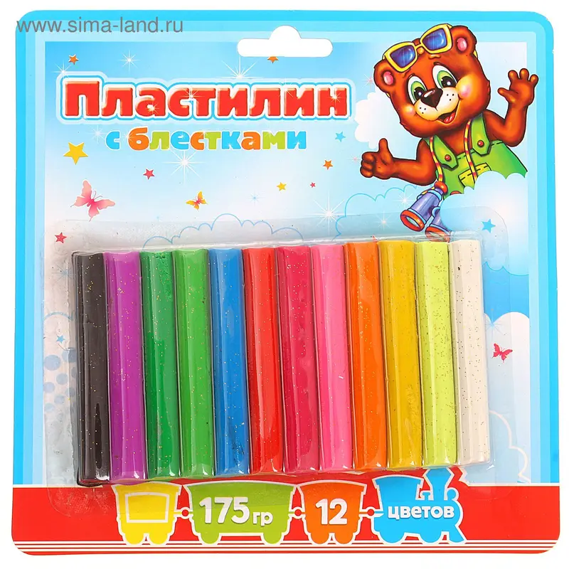 Пластилин 12 цветов по 13 гр с блестками, 175 гр
