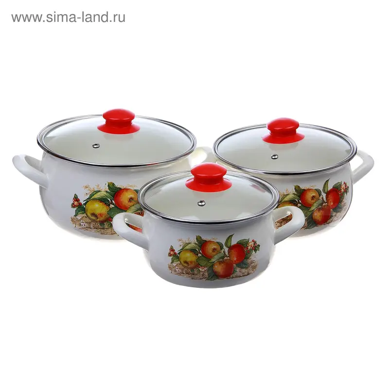 Набор кастрюль "Яблоки", 3 шт.: 2,1 л, 3,1 л, 4 л, крышки