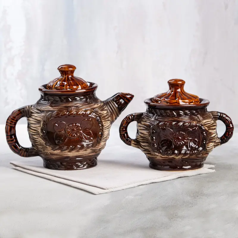 Чайный набор "Лоза", 2 предмета, чайник 1 л, сахарница 0.9 л, керамика