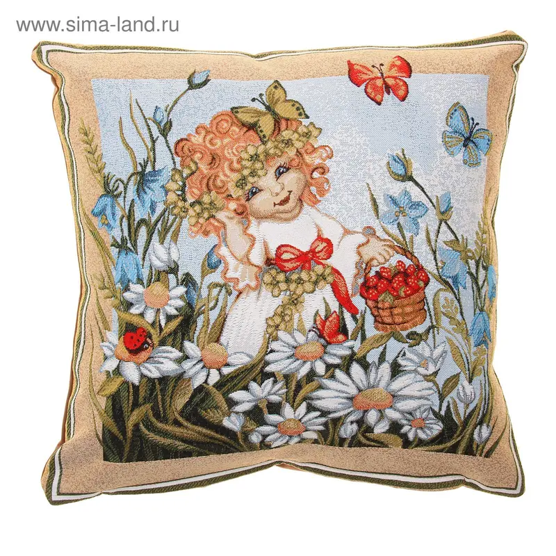 Наволочка из гобелена Dekortex "Полянка, корзина", размер 45х45 см