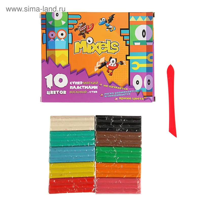 Пластилин восковый 10 цветов Mixels, +стек, супермягкий