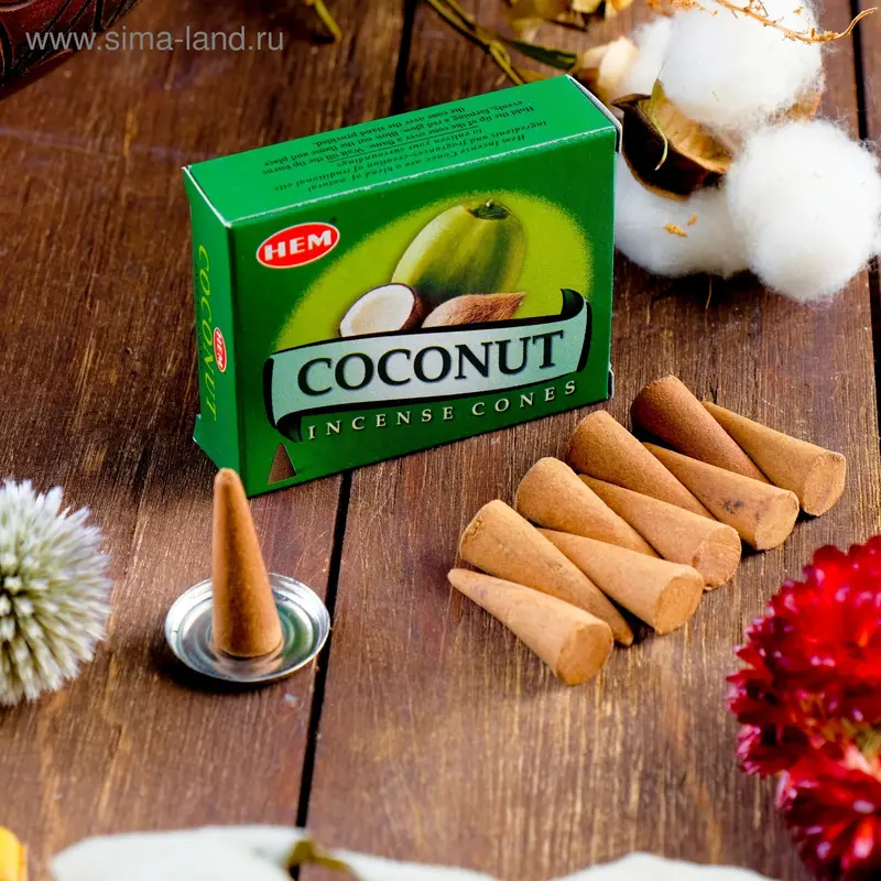 Благовония HEM "Coconut. Кокос", 10 конусов в упаковке